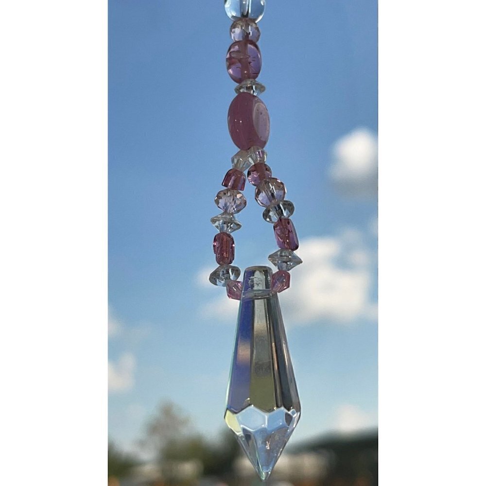 Beaded Suncatcher Rearview Mirror Ornament Pink Clear Crystal Prism Car Charm - Picture 3 of 9